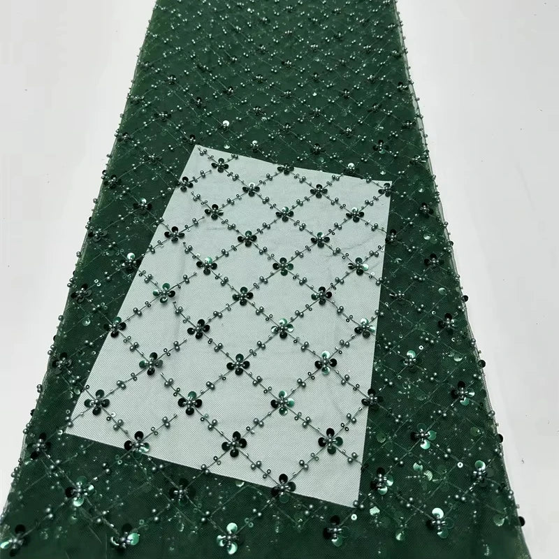 Glitter/Silver Net Fabric Beads Pearl Tulle Cloth Beaded Lace Stretch Wedding Dress Fabric for Women