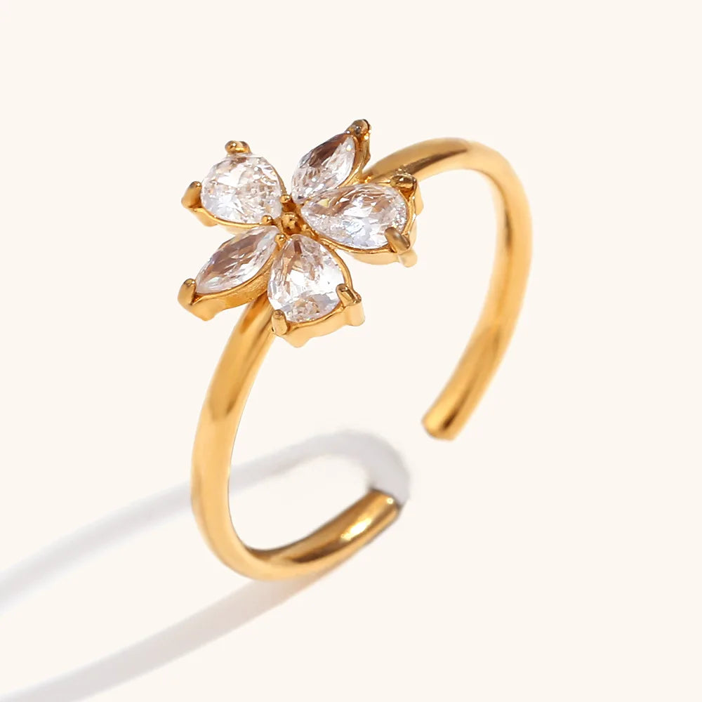 MECYLIFE Dainty Shining Zircon Rings Flower Open Ring 18k Gold Plated Jewelry Stainless Steel Jewelry Gift for Women