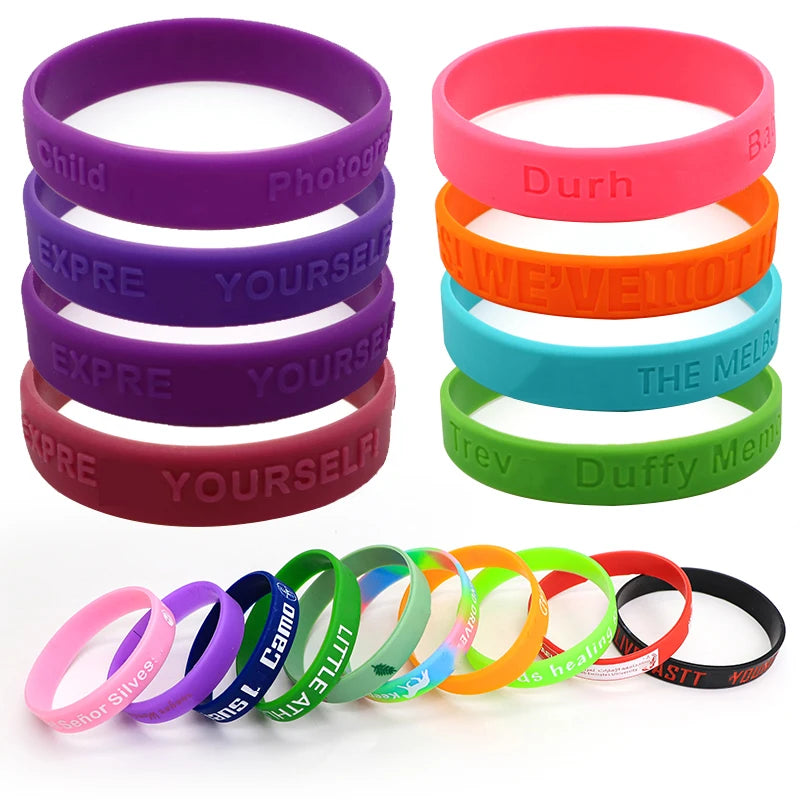 Multi-colors Flat Printed Debossed Embossed Printing Night Glowing Thin Rubber Wristband Silicone Bracelet for Adult Kid Sport