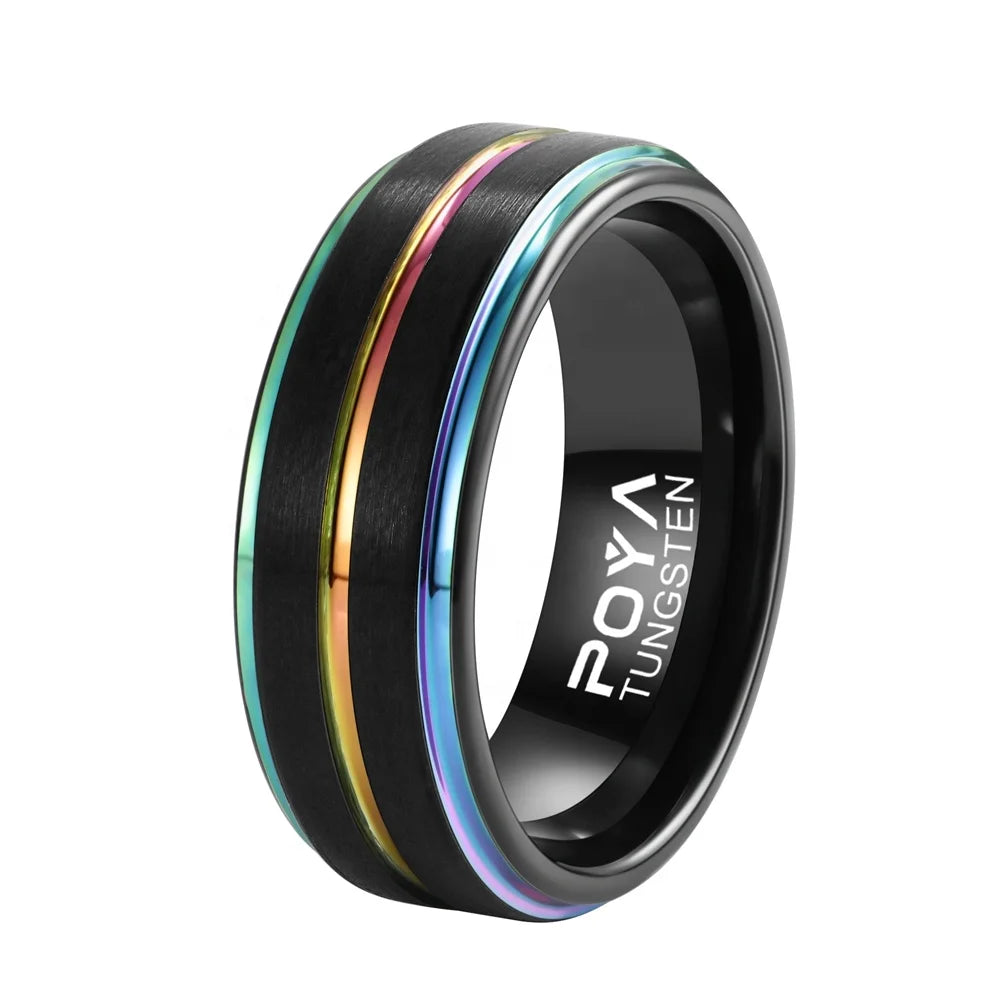 POYA 8mm Rainbow Line Classic Tungsten Ring Black Wedding Band for Men Multi Color Jewelry MegaBDM