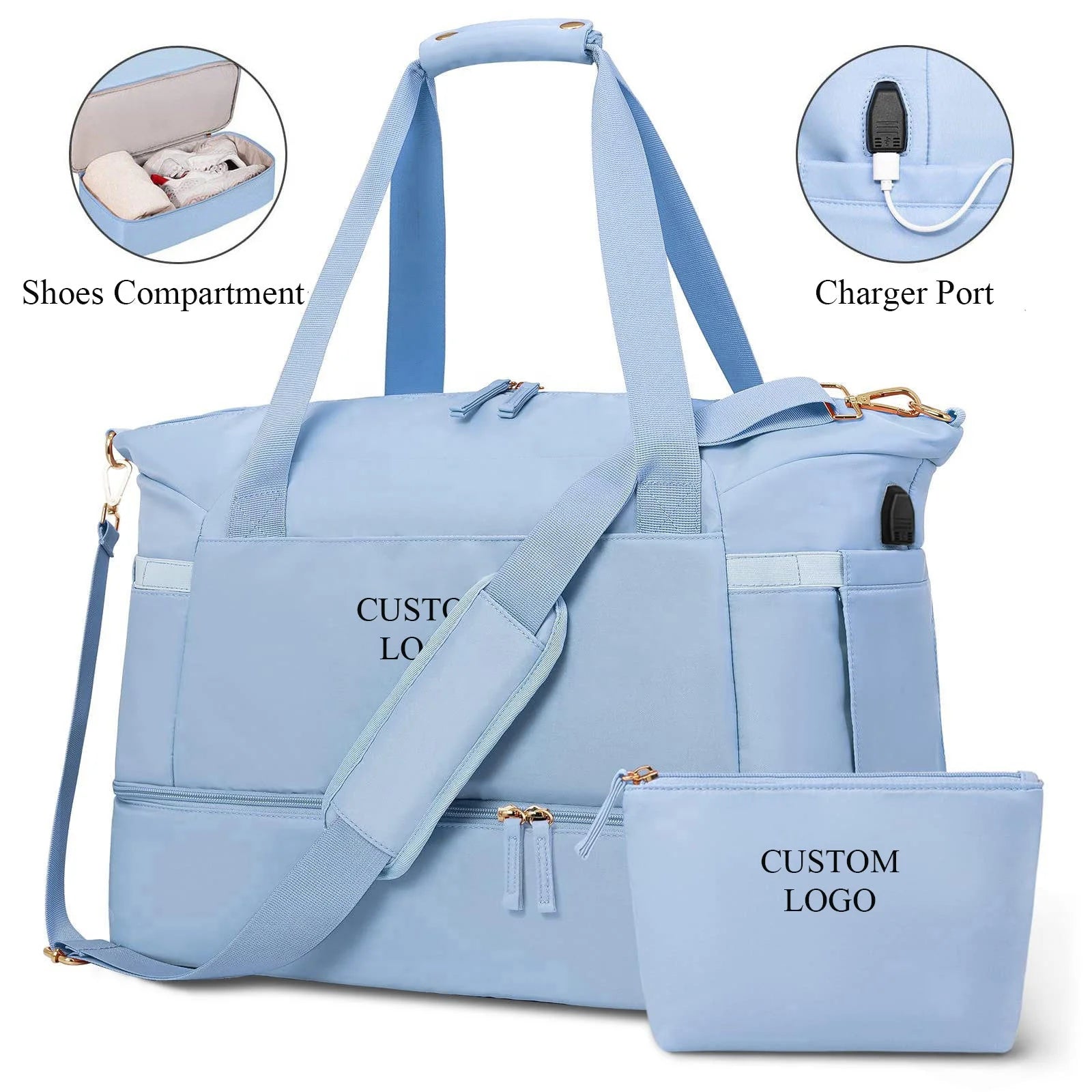 1pc Custom logo Shoulder Weekender Overnight Bag for Women USB Charging Port Sports Gym Travel Bag Waterproof Portable Women Tra