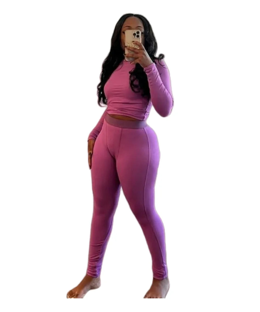 Two Piece Skinny Set Clothing for Women Custom Formal Tracksuits Elastic Solid Long Sleeve Knitting Eco-Friendly Breathable 100%