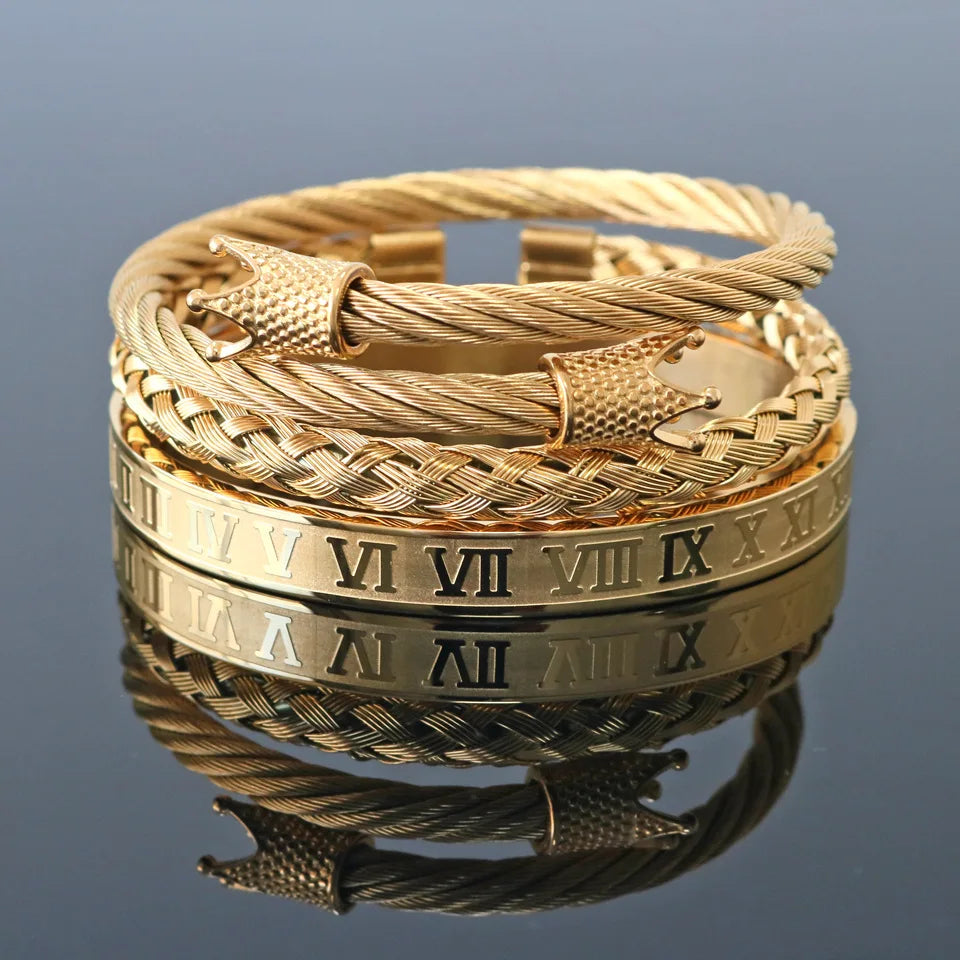 Hot Selling Men's Gold Titanium Gang Bracelet Stainless Steel Hexagon Square Head Roman Numeral Braided Fashion Charm Bracelets