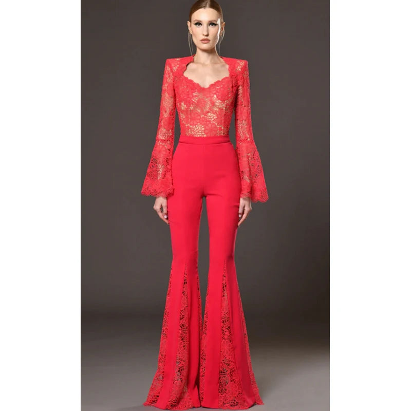 A9682 Ready to Ship Lace Women Two Pieces Suits Red Christmas Ladies Two Pieces Pants Suits
