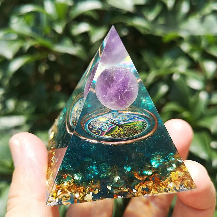 Orgonite Pyramid  Natural Purple Crystal Beads Reiki Chakra 60mm Generator Pyramid Orgonite Energy