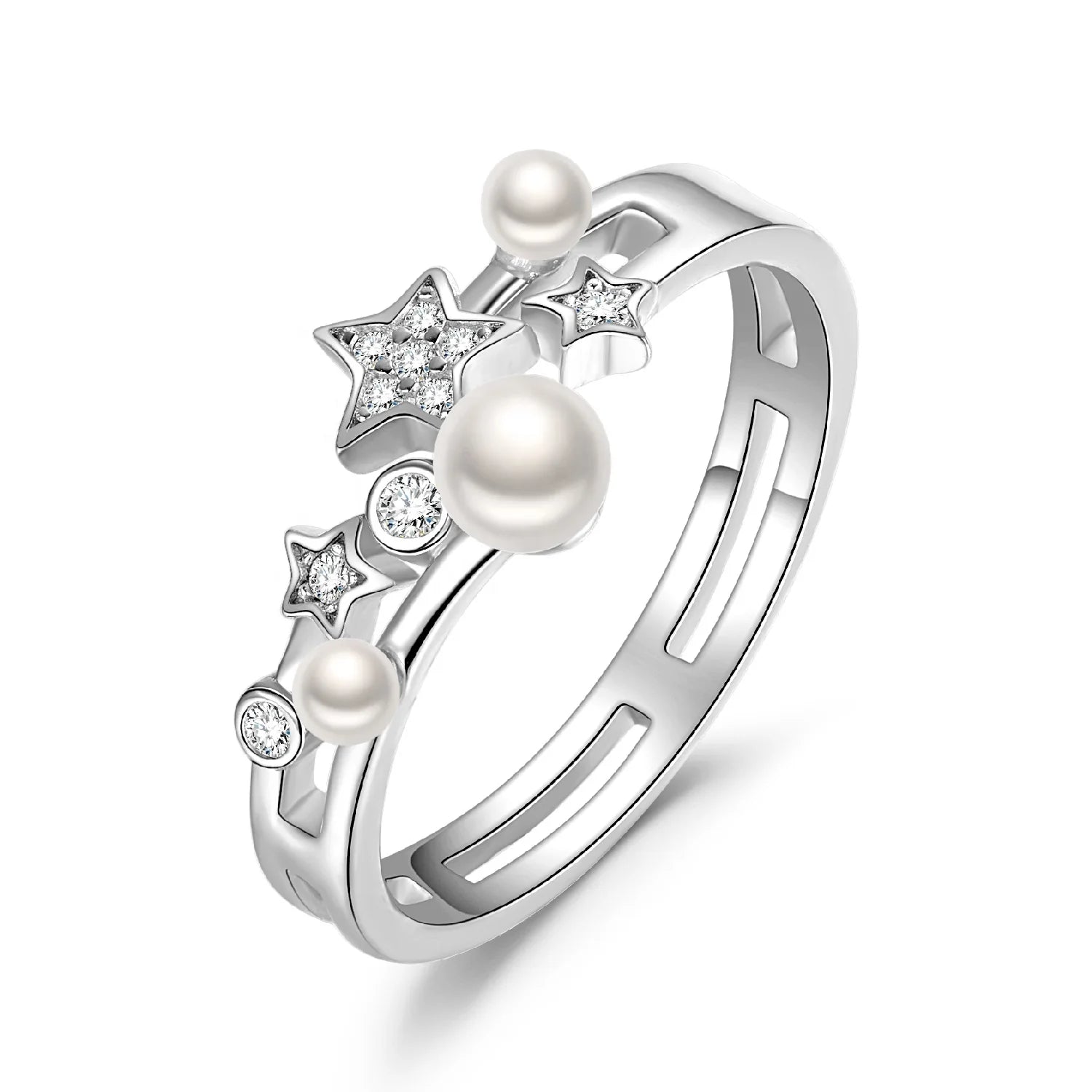 Star Zirconia Pearl Ring Authentic Silver 925 Sterling Finger Rings Jewelry Women Resizable Ring Fashion Jewelry Accessory