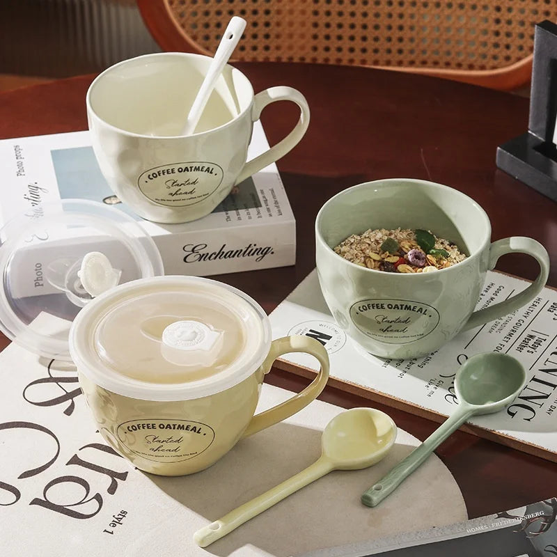 Large Capacity Ceramic Coffee Cup with High Breakfast/Oatmeal/Afternoon Tea Cup Includes Lid