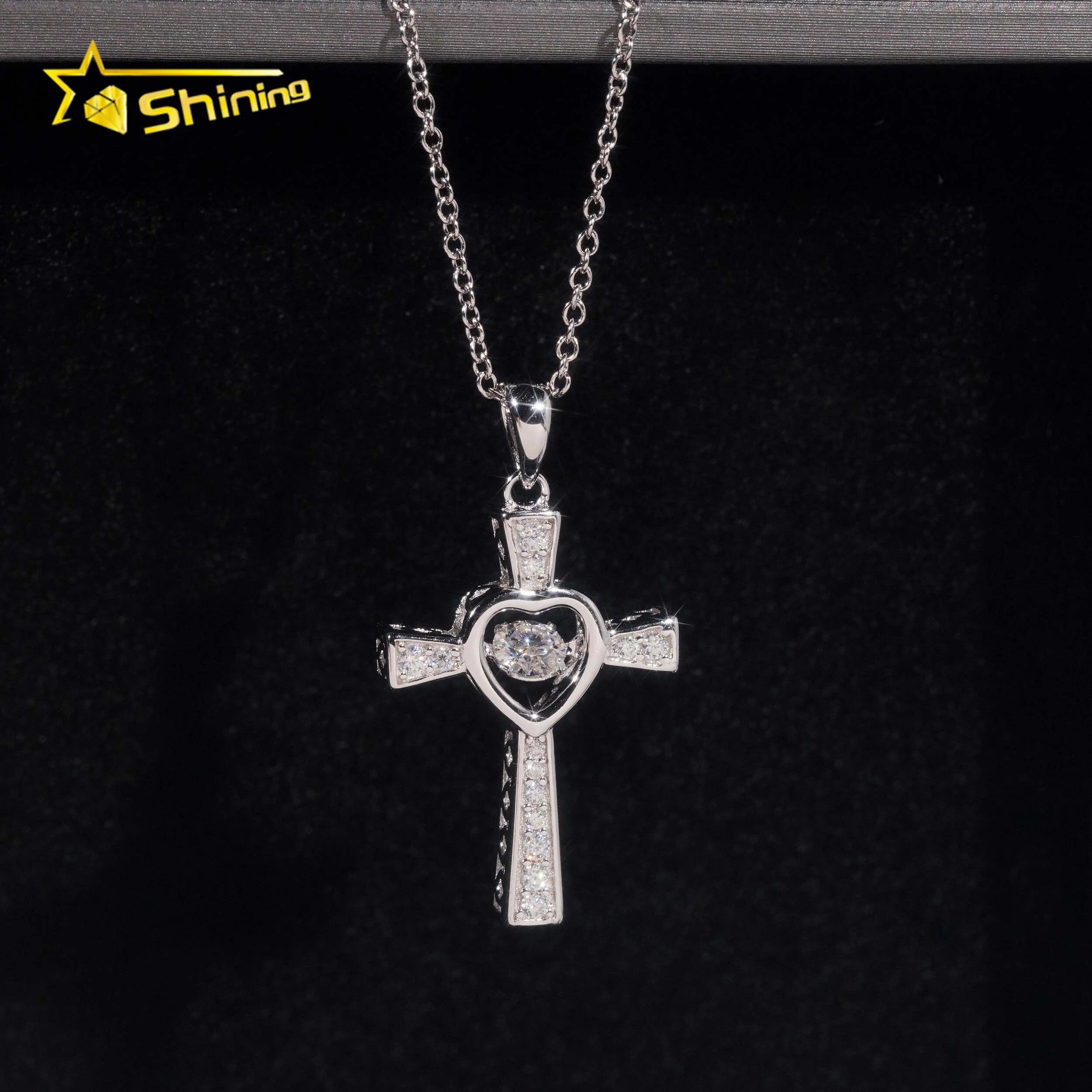 Pass Diamond Tester Cross Heart Iced Out Moissanite Silver 925 Pendant Necklace for Women