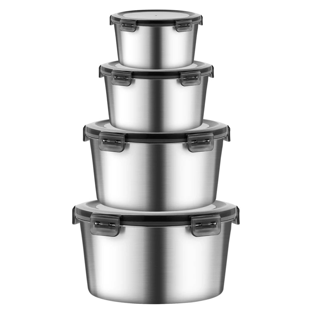 350ml 600ml 1000ml 2100ml Airtight Leakproof Round Stainless Steel 304 Food Storage Container With PP Lids Salad Mixing Bowls