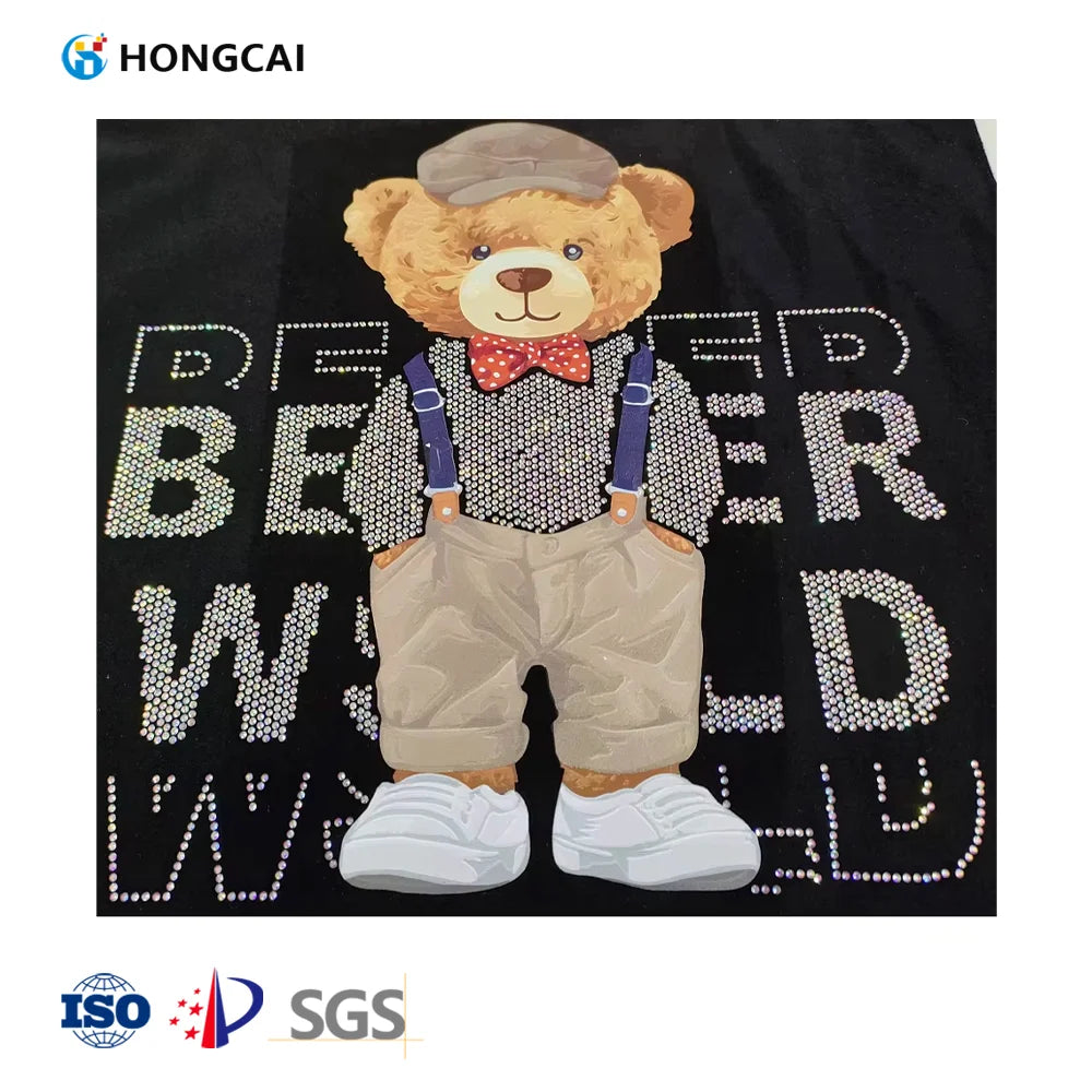 Hongcai Custom Brand Blingbling Rhinestone Print Transfer Free Samples PET Film Heat Transfer for Clothing