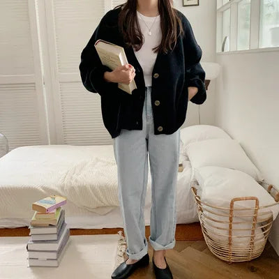 Oversized Knitted Cardigans Women Harajuku Brown Sweater Autumn Winter 2024 Korean Tops Casual Vintage Black Warm Coat