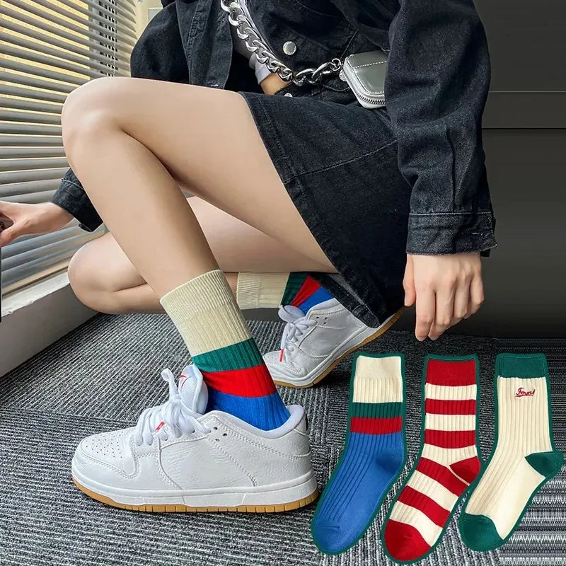 Wholesale Fashion Street Striped Rib Mid Calf Socks Women Bamboo Fabric Ribbed Crew Socks