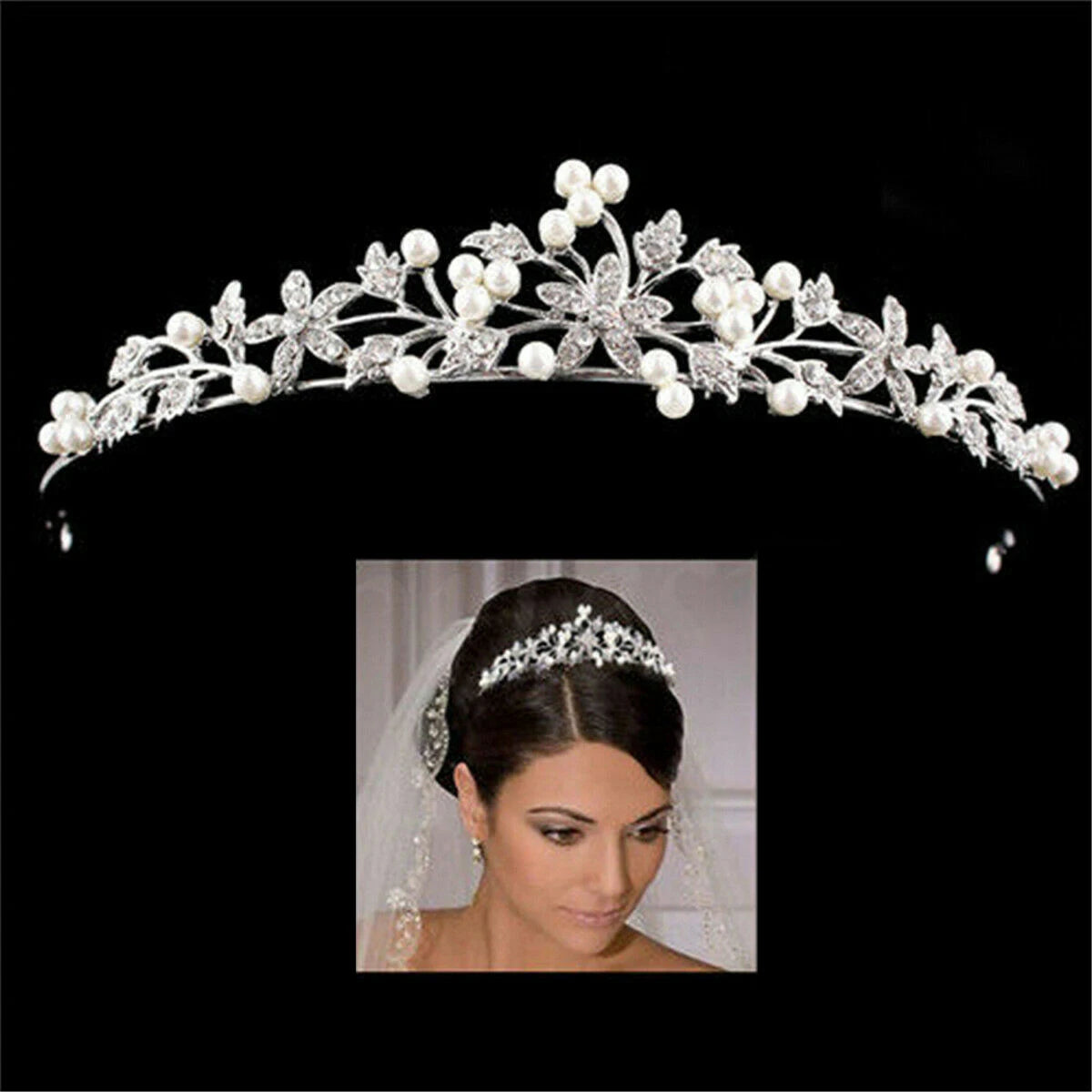 Clear Crystal Wedding Tiara Headband Beaded Flower Prom Bridal Hair Band Pearl Bride Headpiece for Women Hair Jewelry
