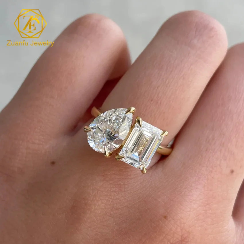 Custom Toi Et Moi Ring Two Diamond Stone 2CT 3CT Colorless Emerald and Pear Moissanite 10K Yellow Gold Wedding Ring Pass Tester
