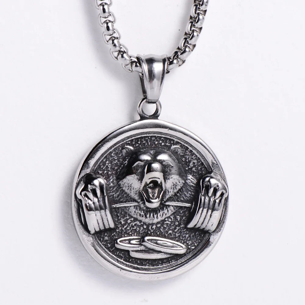 Punk Stainless Steel Gym No Pain No Gain Charm Bear Dumbbell Barbell Pendant Necklace