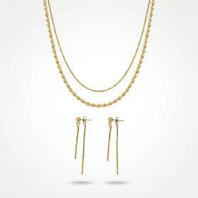 QIAOREN 11542 18K Gold Plated Oval Bead Chain & Tassel Drop Earrings Set Stainless Steel Tarnish Free