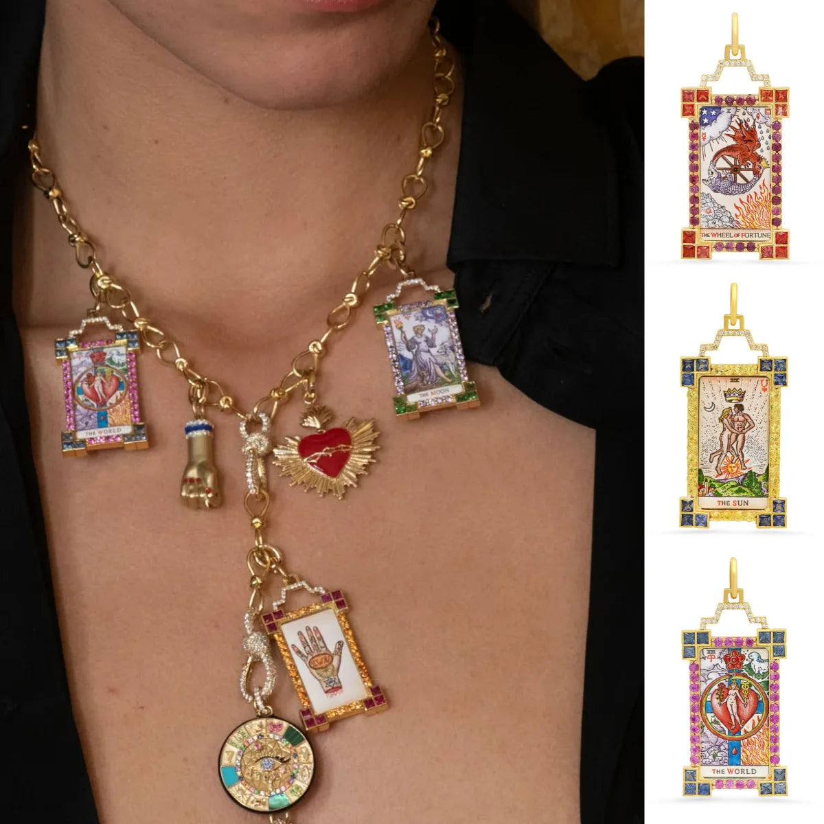 Gold Plated Bohemian Style Trendy Women's Necklace Colorful Enamel Moon Star Dvil Eye Heart Tarot Card Sun Necklace Love Heart