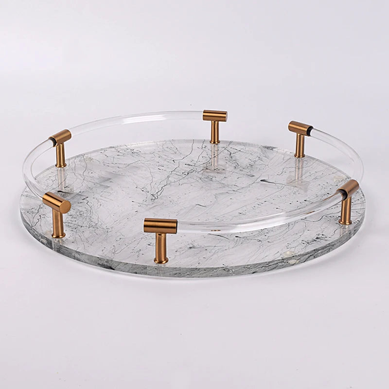 Custom High Transparent Acrylic Luxury Nordic Food Serving Trays Gold Handle 10mm Thick Multi-Purpose Color Design NewStar