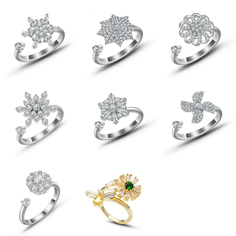 G252 8 Styles Rotate Freely Rings Anxiety Snowflake Umbrella Flower Zircon Adjustable Women Ring