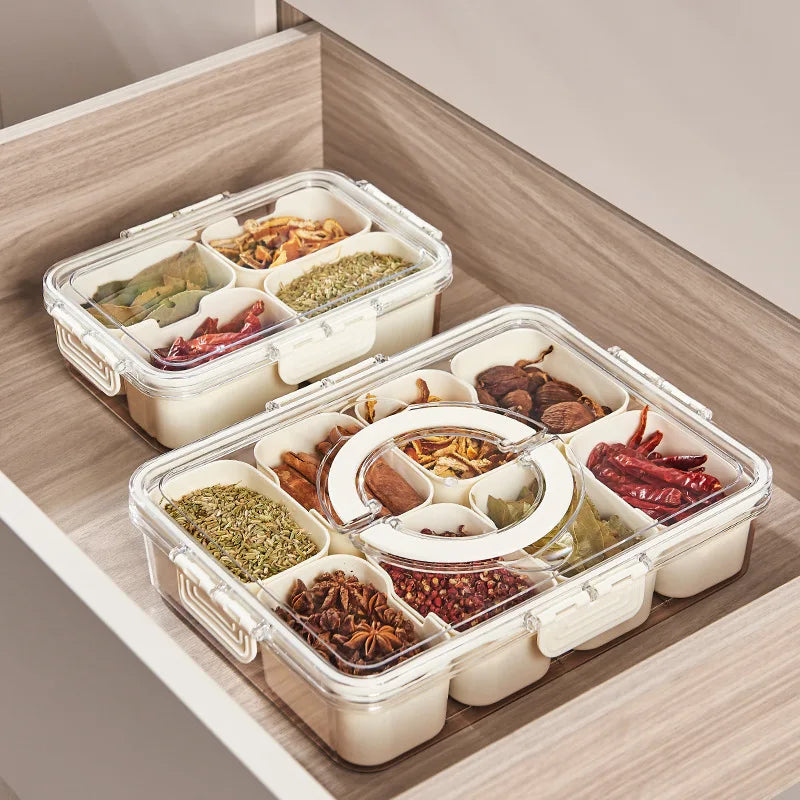 Modern European Design 4 & 8 Compartment Plastic Spice Box with Healthy Preservation for Kitchen Seasoning Storage