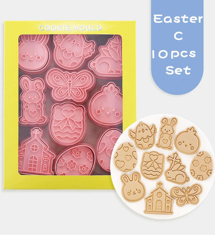 10-Piece Easter Biscuit Mold Cartoon Rabbit & Chicken Resurrection Egg Cookie Baking Molds Plastic Cake Tools