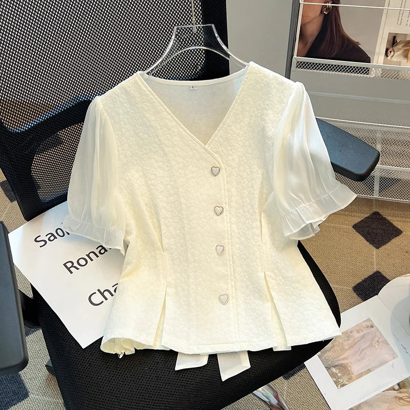 Boutique Wholesale 2025 Summer New Fashionable V-neck Short Sleeved Slimming Women's Shirt