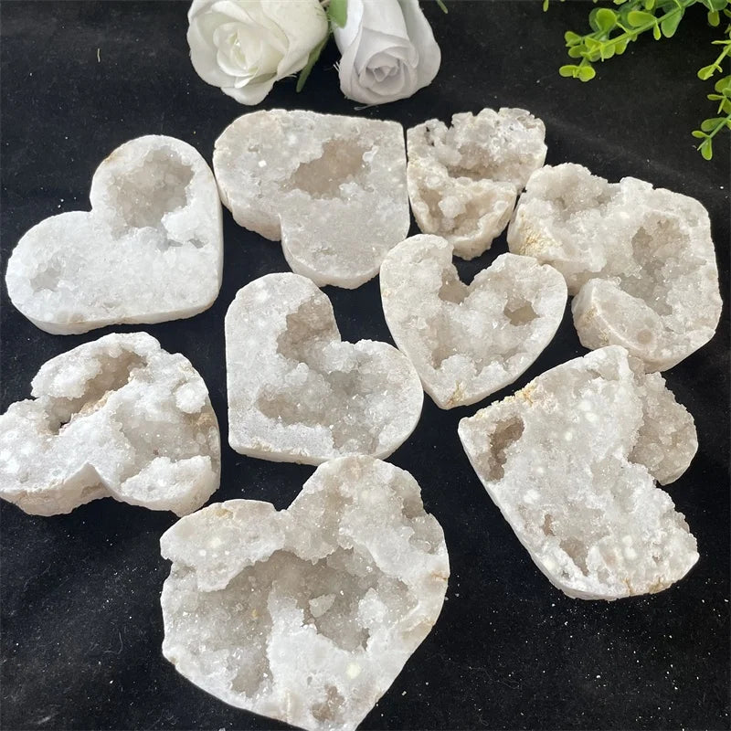 Natural Reiki Raw Specimen Heartz White Agate Geode Druzy Crystal Cluster Heart Decor