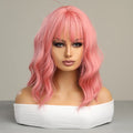 Factory Fast Delivery Synthetic Natural Short Pink Red Water Wave Hair Wig with Bangs for Women Heat Resistant Bob Wigs
