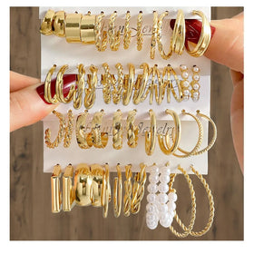 New Fashion Geometric Gold Plated Punk Hoop Earrings Set for Women Jewelry Big Circle Pearl Dangle Drop Earrings Set