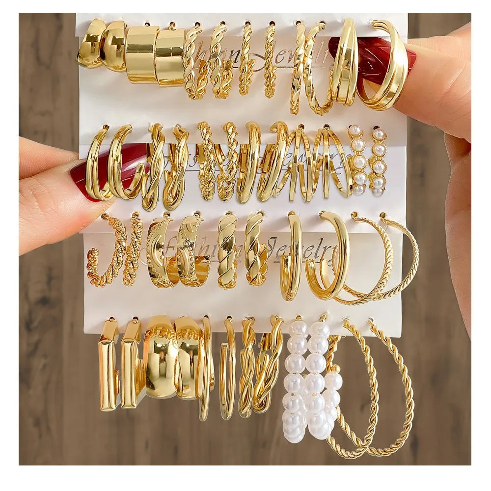 New Fashion Geometric Gold Plated Punk Hoop Earrings Set for Women Jewelry Big Circle Pearl Dangle Drop Earrings Set