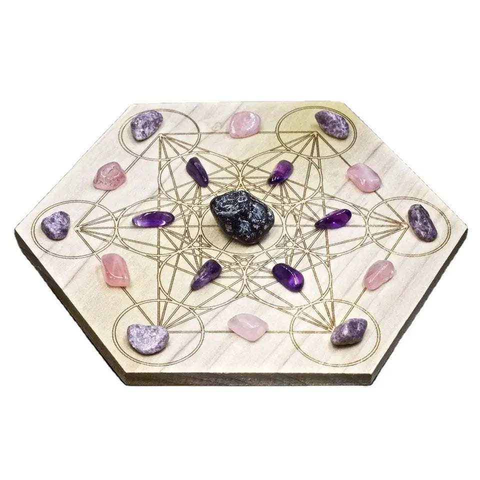 6 Inch Hexagon Polished Reusable Sacred Geometry Stress Relief Mini Crystal Grid Board Set with Amethyst Laser Cut Wood
