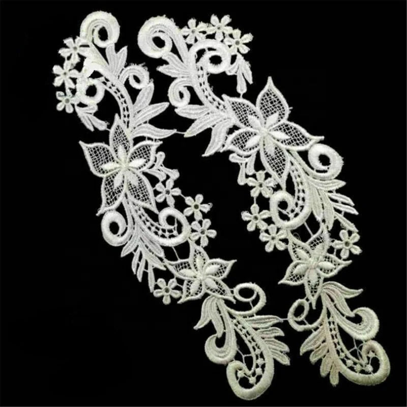 1 Pair Floral Applique Lace Trim Embroidery Sewing Motif DIY Wedding Bridal Craft Accessory