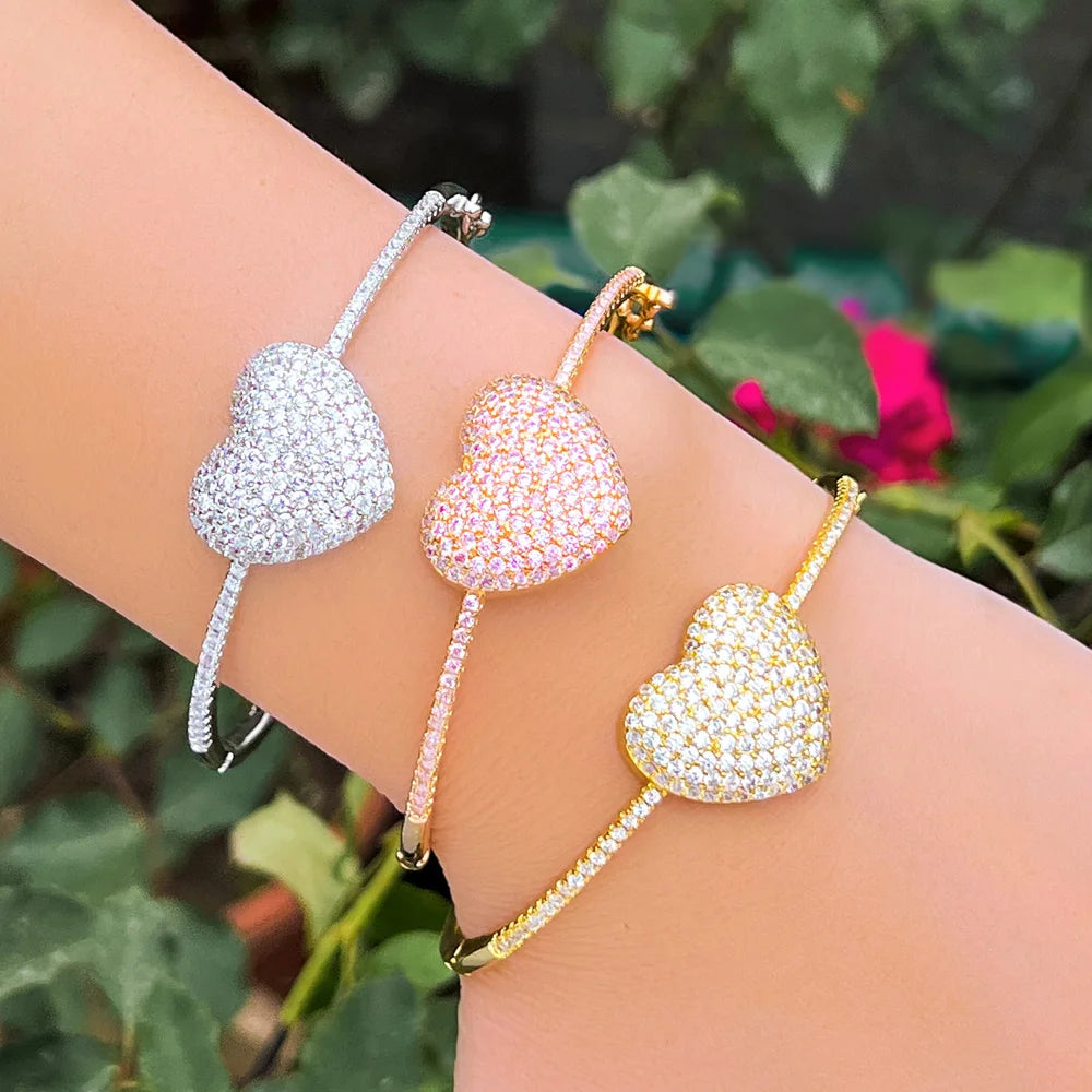 Fashion Bling Genuine 3A Cubic Zirconia Pave Popular Romantic Pink Love Heart Charm Women Bracelet Bangles with Safety Clasp