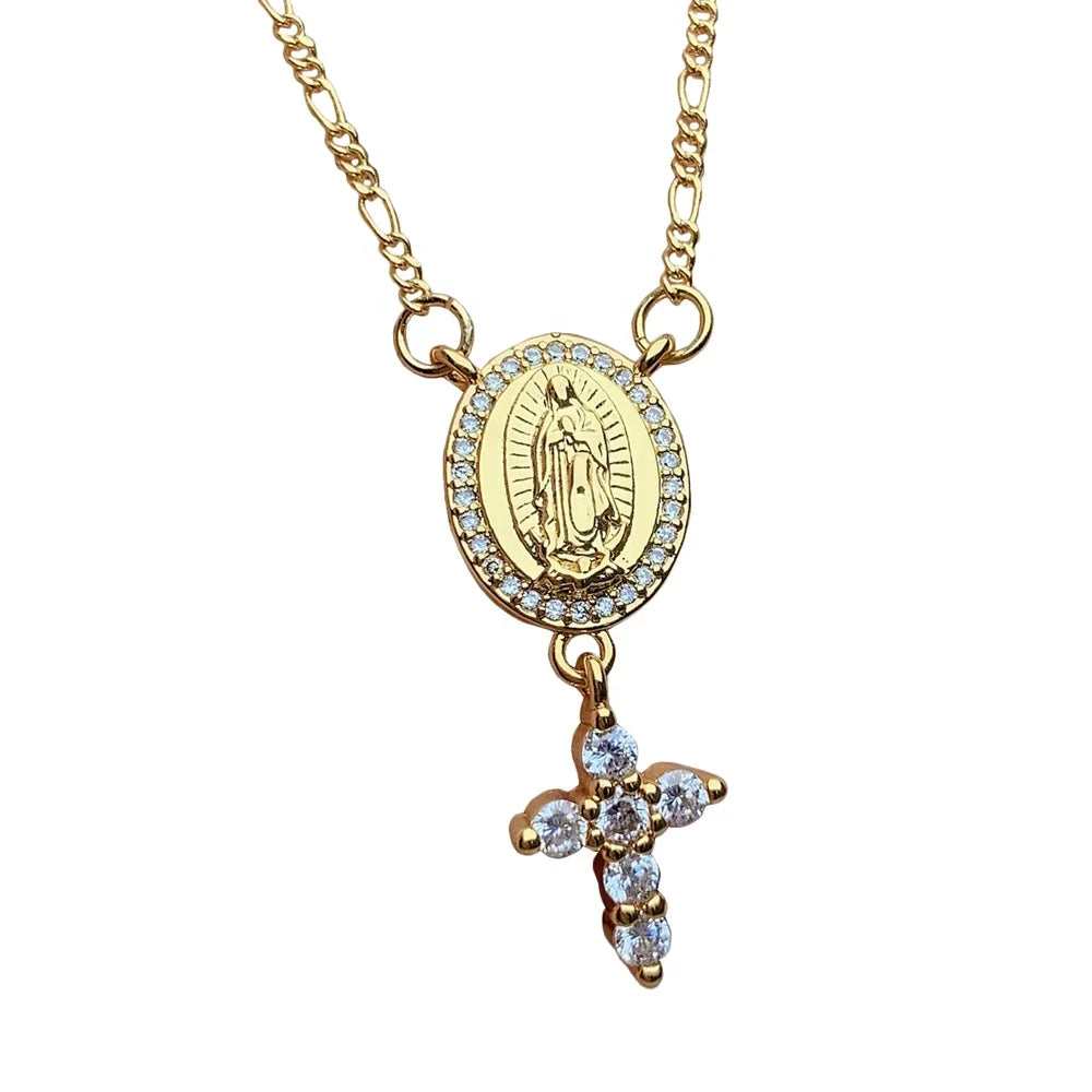 Metal Plated 18k Gold Zircon Small Cross Virgin Mary Pendant Figaro Chain Necklace for Women Jewelry