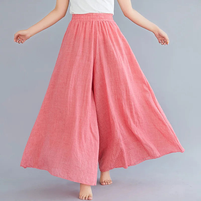 Literary Style Oversized Cotton and Linen Wide Leg Pants Skirt Elastic Waist Linen Solid Color Large Hem Skirt Pants