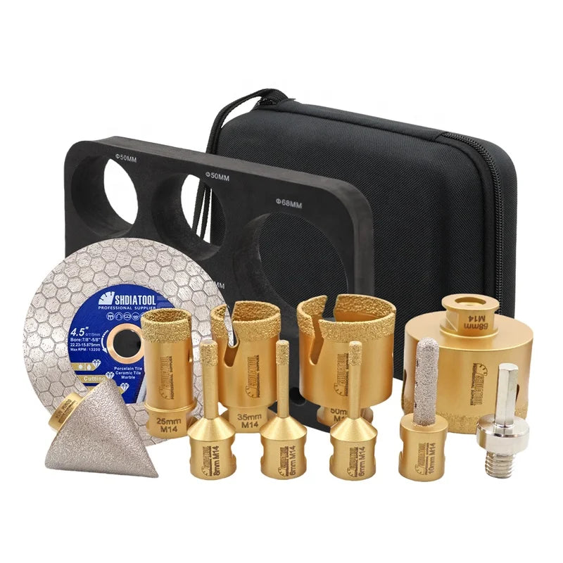 1Set/11PCS 6-68MM Vacuum Brazed Diamond Core Drill Bit /10MM Finger Milling Bit Cutter / 2" Beveling Chamfer / 115mm Saw Blade