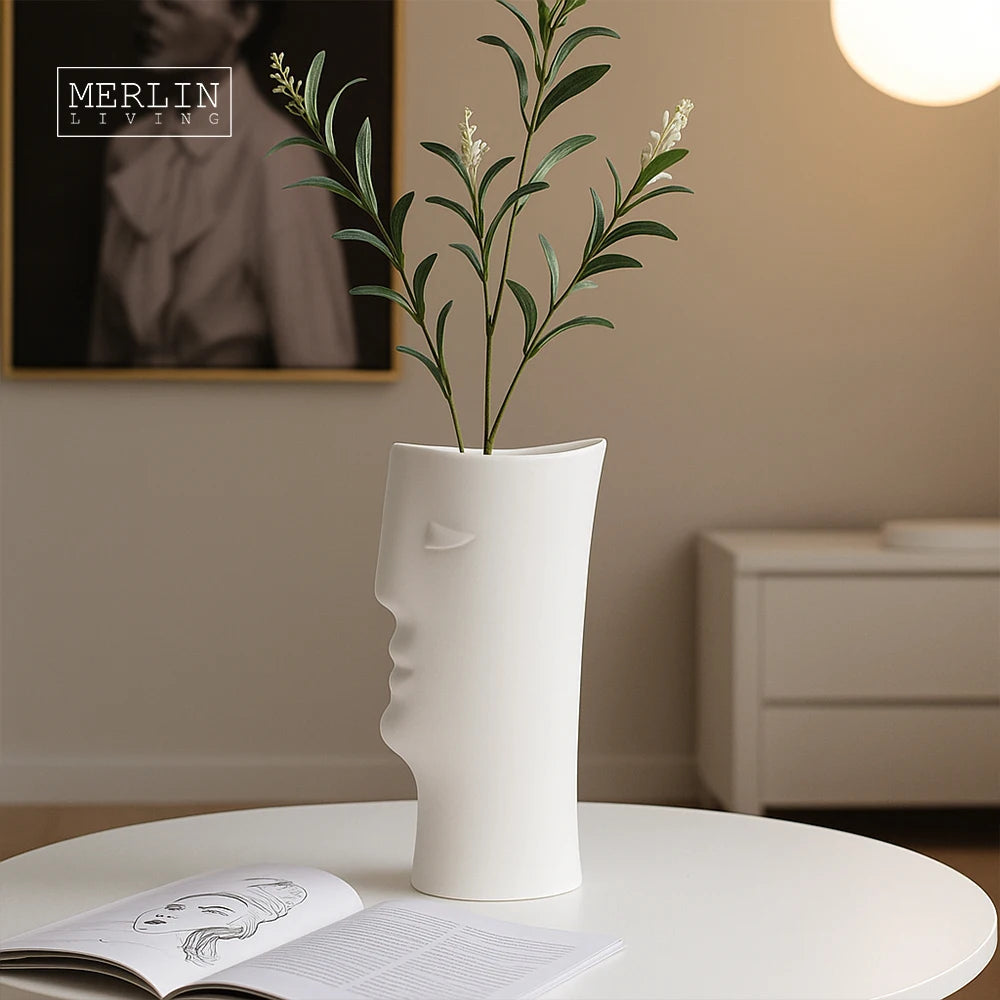 Merlin Living Modern Luxury Nordic Human Face Matte Ceramic Symmetrical Design Art Accessories Home Decor With Tabletop Vase