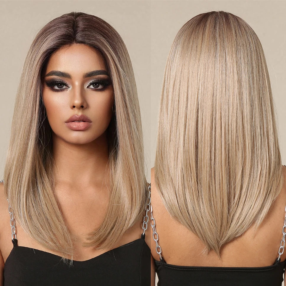 Wholesale Medium Length Lace Front Synthetic Wigs Short Straight Light Brown Blonde Lace Wigs for Women Heat Resistant