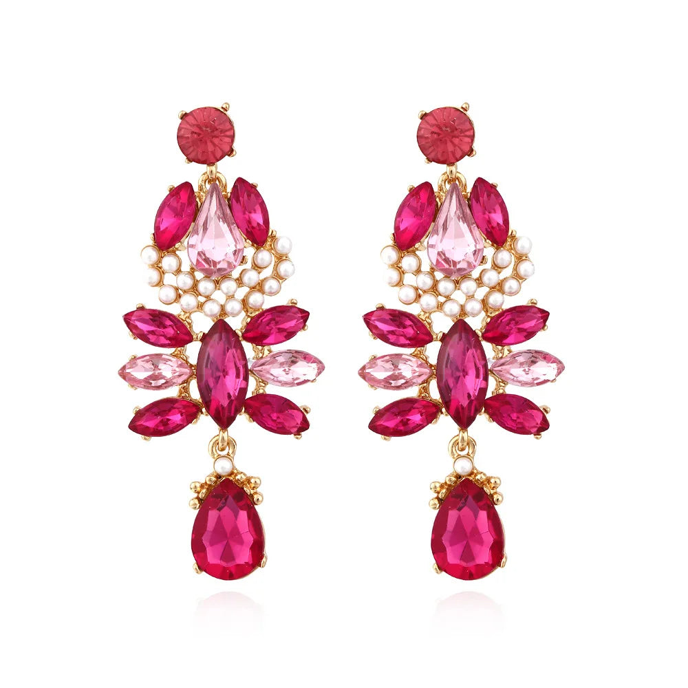 2022 New Arrival Exaggerated Multi-layer Floral Earrings Vintage Long Pearl Colored Diamond Earrings for Women Girls