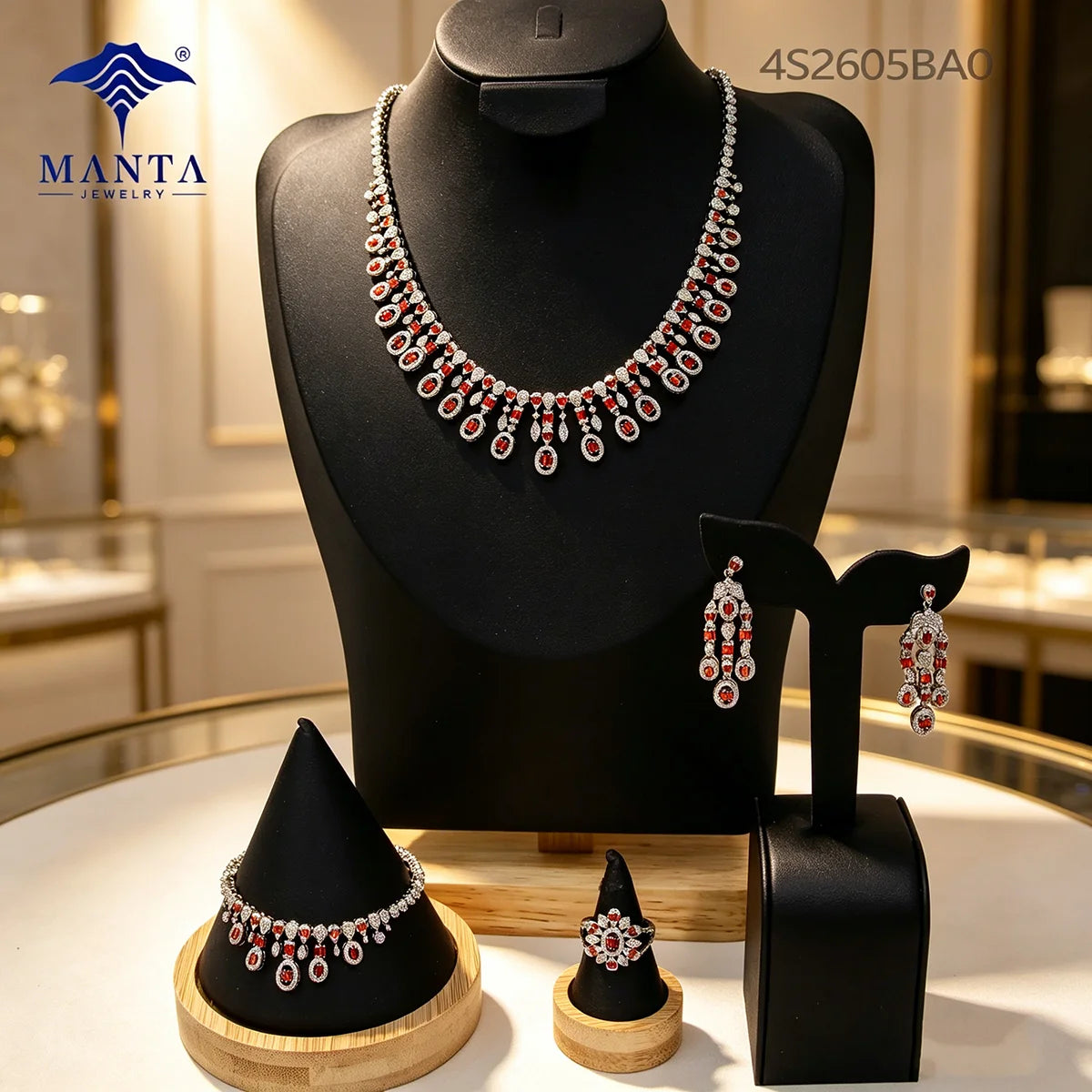 MEIZI JEWELRY Silver/Gold Plated 4-Piece Handmade Jewelry Set Red Zircon Guangdong Bridal Wedding Party Daily Wear Low MOQ