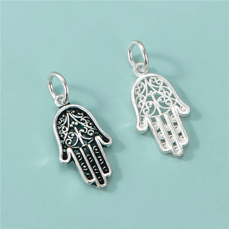 10mm Retro Design 925 Sterling Silver Jewelry Cutout Fatima Hand Hamsa Eye Pendant for Necklace Making