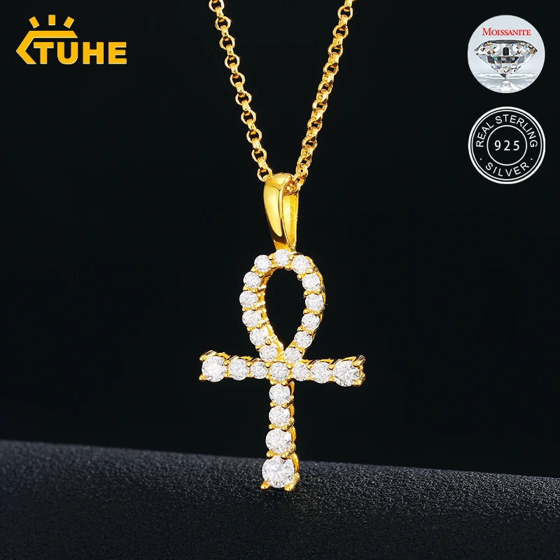 Trendy Shinning Hip Hop Jewelry Iced Out Moissanite Sterling Silver Miami Diamond Ankh Cross Pendant