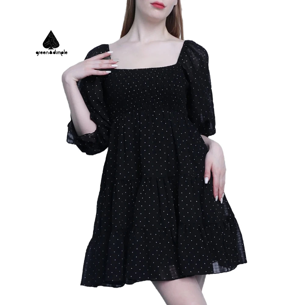 2025 Spring Women's Elegant Bubble Sleeve Floral Dress Women's Doll Collar Waist Long Sleeve A-line Skirt