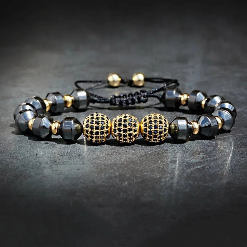 Luxury Micro Pave CZ 8mm Disco Ball Charm Bracelet Classic Hematite Beaded Macrame Bracelets Men Women