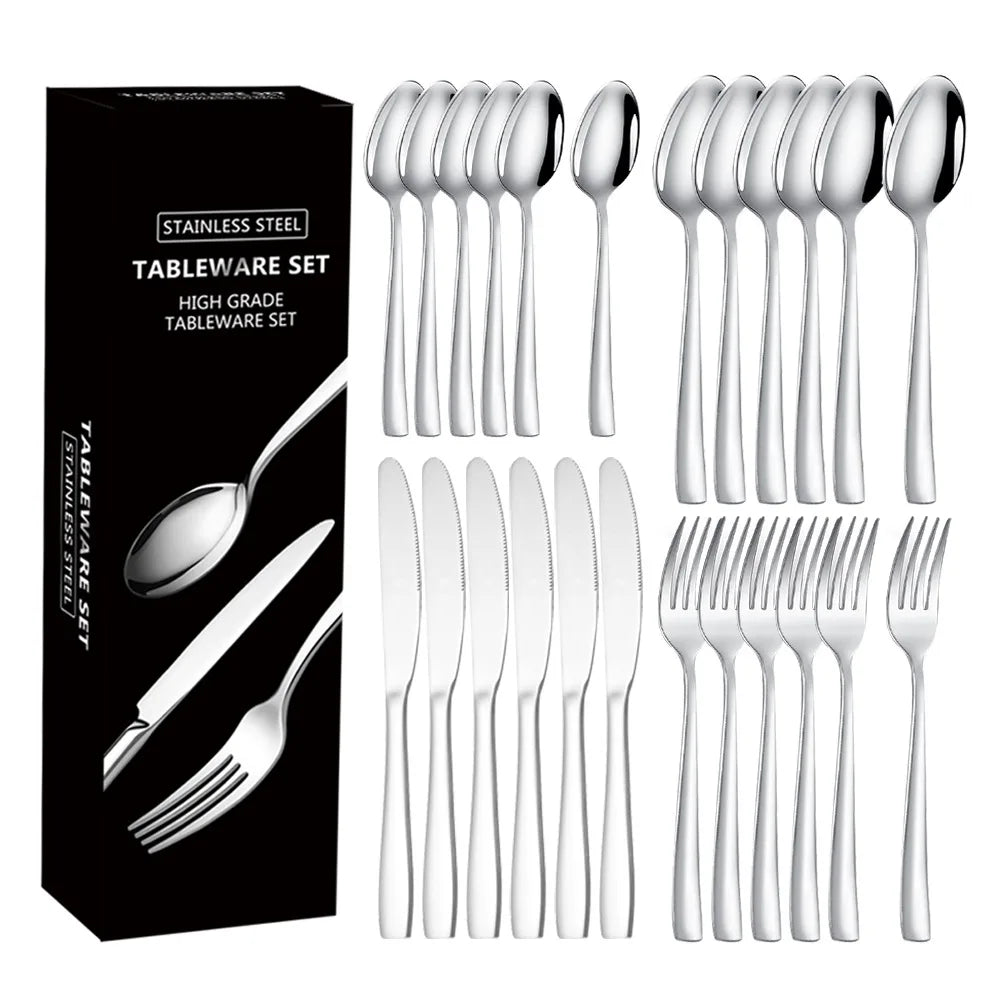 Stainless Steel 24pcs Wedding Elegant Western Silverware Fork and Spoon 6 Flatware People Luxury Black Gold Silver Cutlery Set