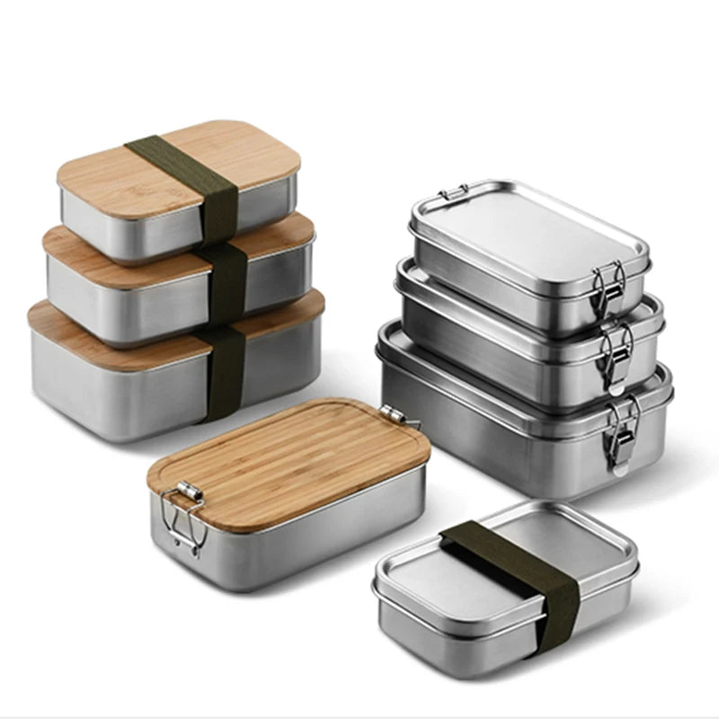 Hot Sale Stainless Steel Bento Lunch Box with Bamboo Lid 1200ml/700ml Capacity Rectangle Snack Food Container in OPP Bag
