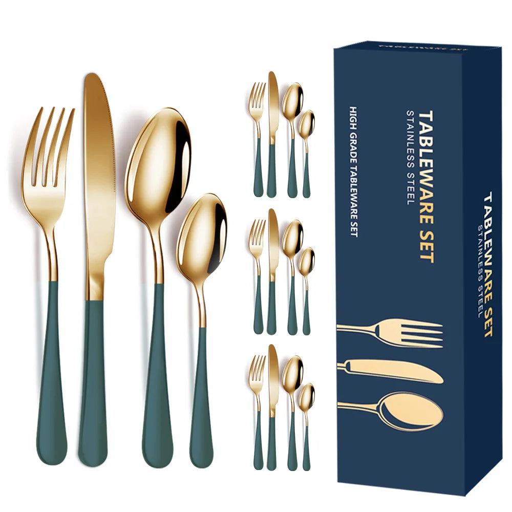 Hot Sale 16-PCS Creative Handle Stainless Steel Cutlery Set Gold Knife Fork Spoon Stainless Steel Flatware Gold Silverware Set