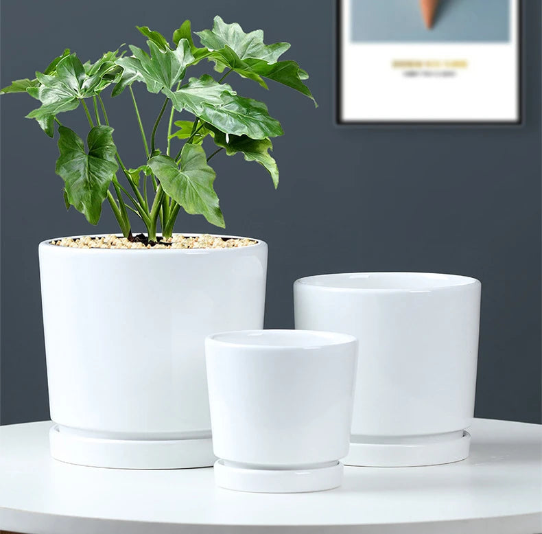 Wholesale Factory Direct Sale White Three-piece Glazed Porcelain European Style Flower Pots for Indoor Home & Garden Decor