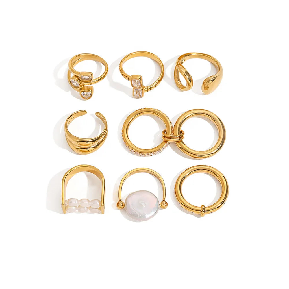 Delicate 18K PVD Gold Plated Stainless Steel Rings Waterproof Shell Zircon Party Jewelry Bijoux Gift for Women