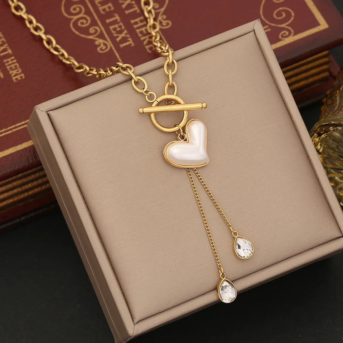 New Fashion 2 Pcs Tarnish Free Stainless Steel Heart Pearl Jewelry Set Necklace Bracelet 18k Gold Plated Set for Women
